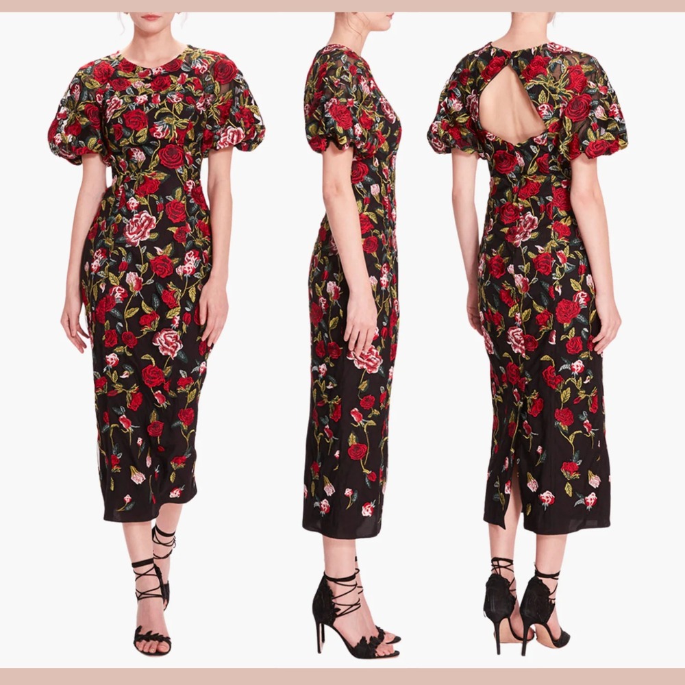 NWT $795 Marchesa Notte [ 8 ] Puff Sleeve Roses Tulle Midi Dress Red Black J2155